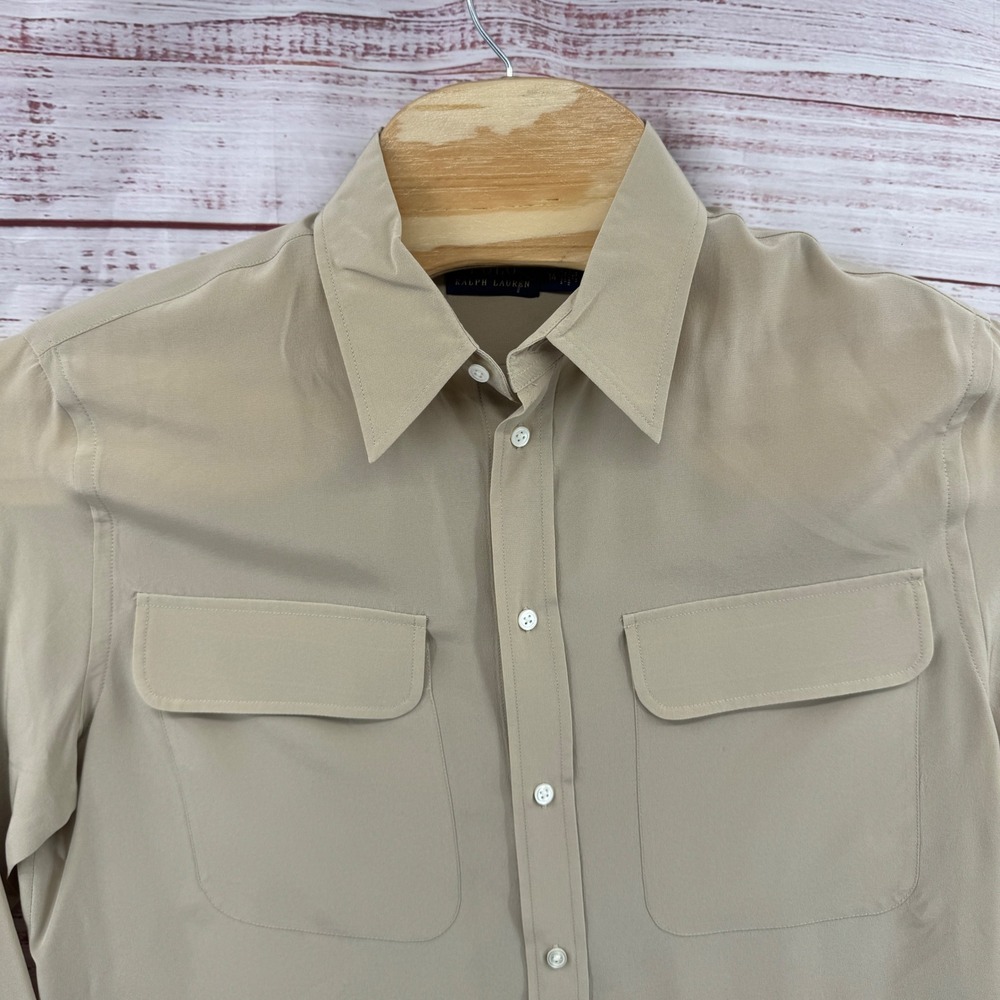 Polo Ralph Lauren Shirt Blouse‎ Size 14 Tan Mulberry Silk Button Down Pockets - Picture 2 of 9
